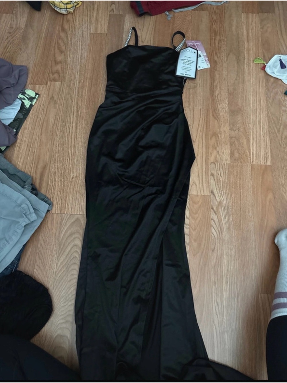 Emerald Sundae Black Strapless Satin Evening Dress with Beaded Straps
